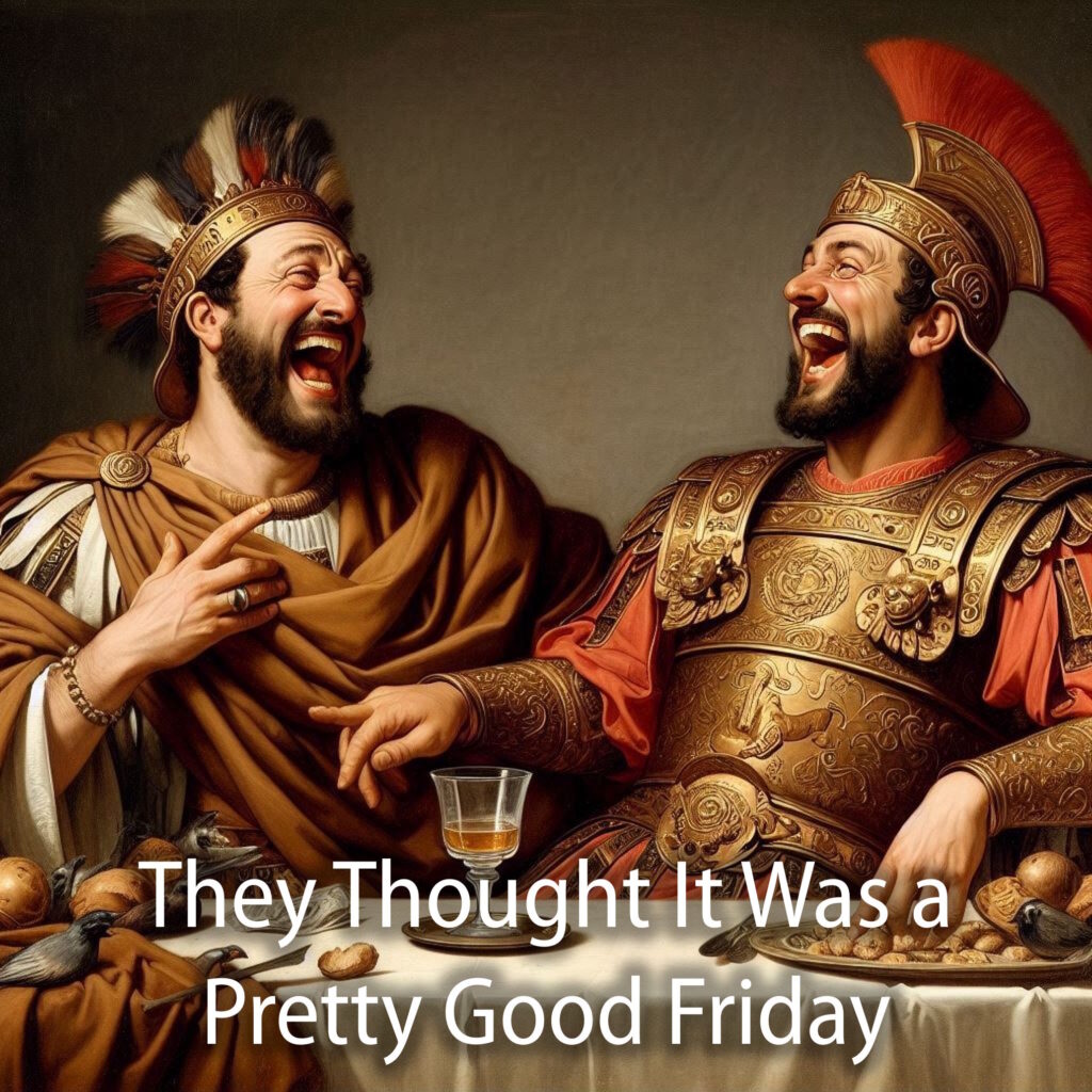 Pontius Pilate and Herod Antipas laugh together as old friends while they share some wine.