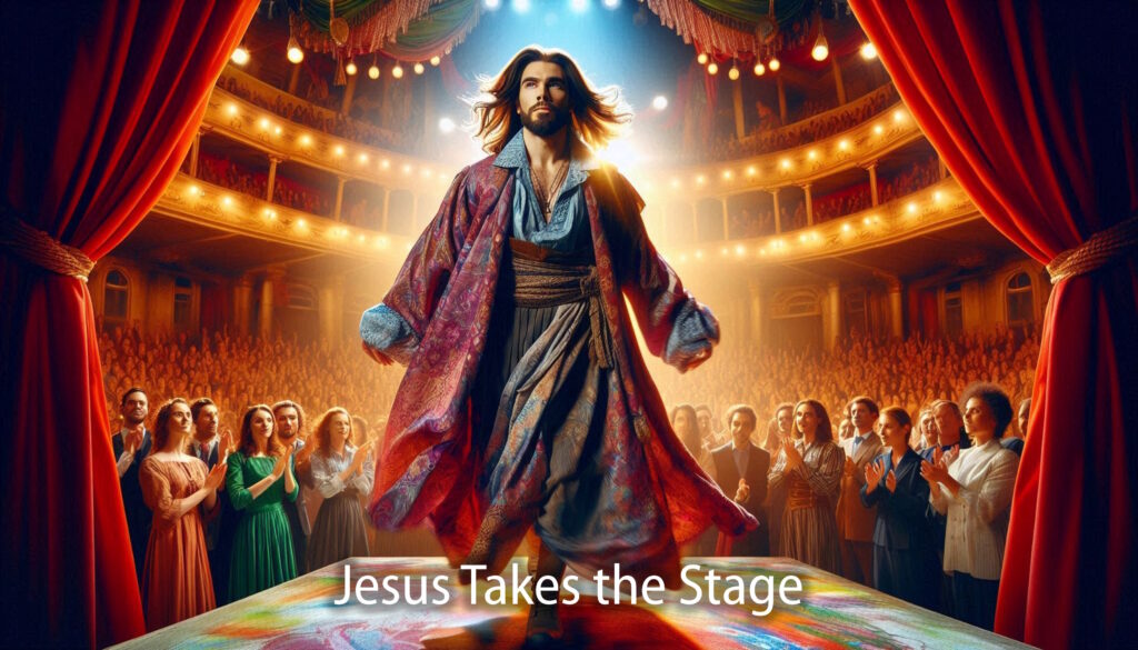 Jesus appearing as an actor walking onstage.